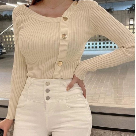 . Sweaters - rib knit asymmetrical button detail sweater